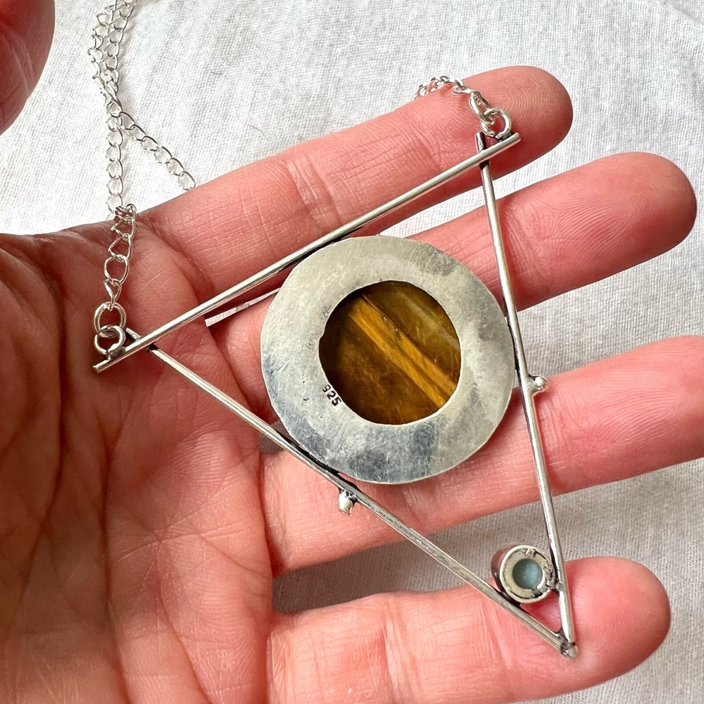 925 OOAK Tiger’s Eye + Larimar Geometric Necklace - Picture 3 of 4
